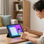 Engaging interaction with CrushOn AI in a cozy living room setting, showcasing vibrant AI character conversation.