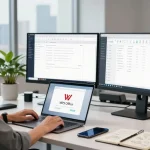 Download WPS Office at a modern workspace with dual monitors and productivity tools